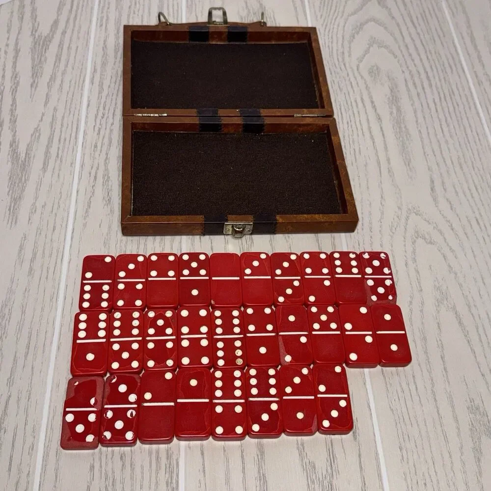 Vintage Red Dominoes Tile Game Set w/ Vinyl Wooden Case, Dot Numbered Pieces